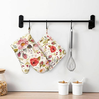 Wildflowers Floral Oven Mitts Pot Holders Set Silicone Heat Resistant Botanical Floral Oven Mitts and Hot Pads Potholders Non-Slip Oven Gloves for Cooking Baking Grilling BBQ