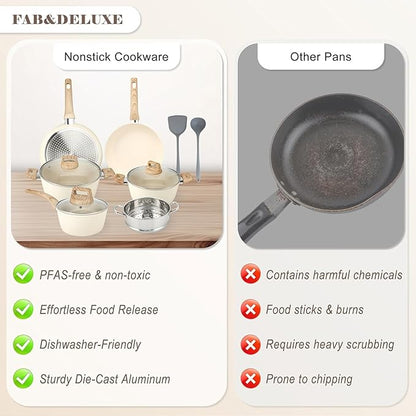 11 Pcs Pots and Pans Set, Nonstick Cookware Set with Lids and Wooden Handles, Silicone Spoons & Spatulas, Non-toxic Healthy Kitchen Cooking Set, PFAS & PFOA Free