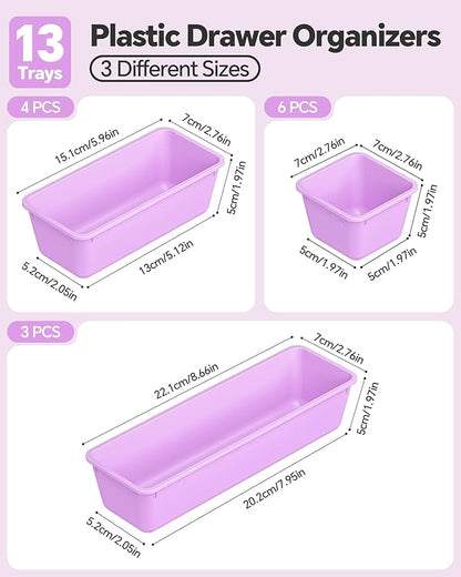 Canfanni 13 Pack Plastic Drawer Organizers Set, 3 Sizes Desk Drawer Organizer Trays for Vanity and Makeup Organizer, Organization and Storage for Makeup, Kitchen Utensils, Bathroom and Office(Purple) - Image 2