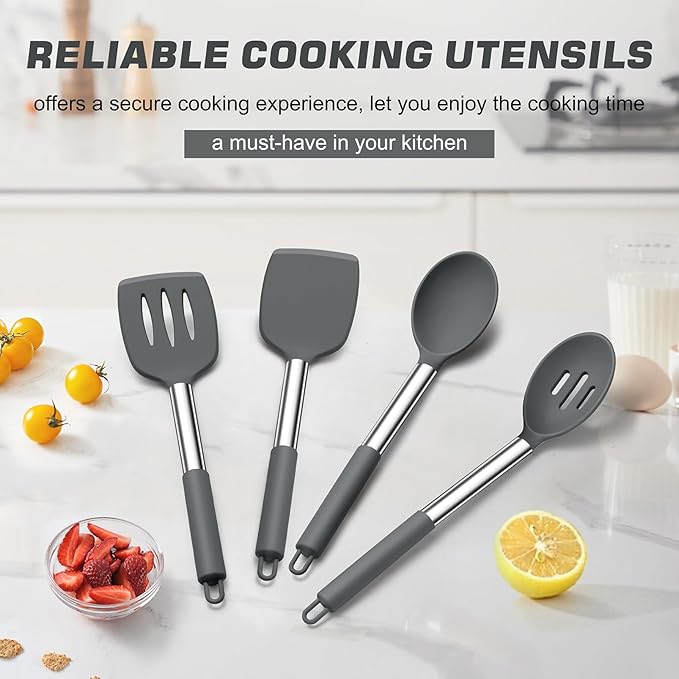 TeamFar Kitchen Utensils, 4PCS Heat-proof Silicone Cooking Utensils Set Slotted Spatula Solid Turner Spoon with Stainless Steel Handle, for Non-stick Cookware Flipping, Frying, Draining – Gray - Image 7