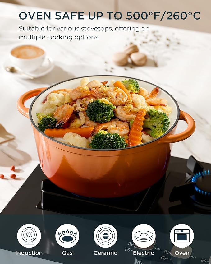 Enameled Cast Iron Dutch Oven - 7.5QT Dutch Oven Pot with Lid & Cotton Potholders - Heavy-Duty Non Stick Casserole Pot for Braising, Stews, Roasting, Baking, Suitable for All Stovetops, Vibrant Orange - Image 5