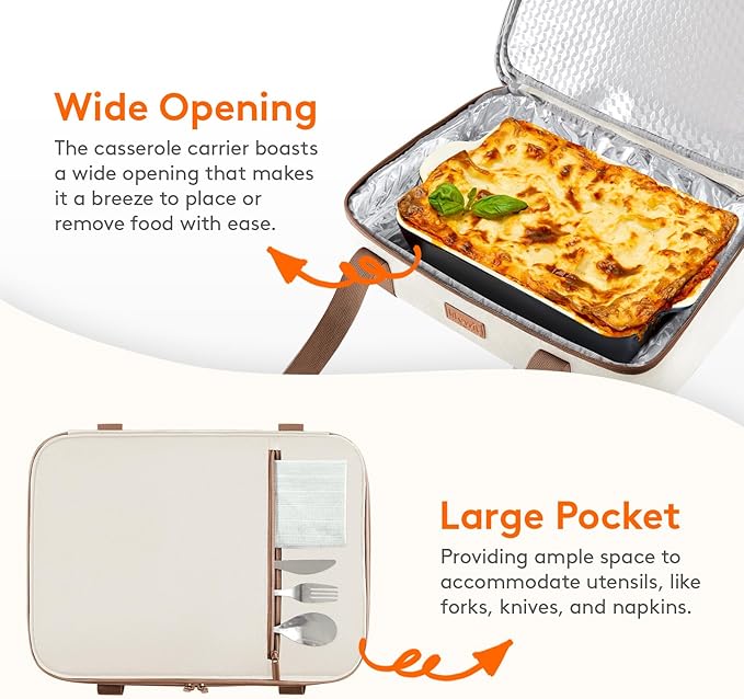 Lifewit Insulated Double Decker Casserole Carrier, Expandable Lasagna Lugger Tote Bag for Hot or Cold Food, Fits 9" x 13" Baking Dish for Potluck Parties, Picnic and Cookouts, Cream