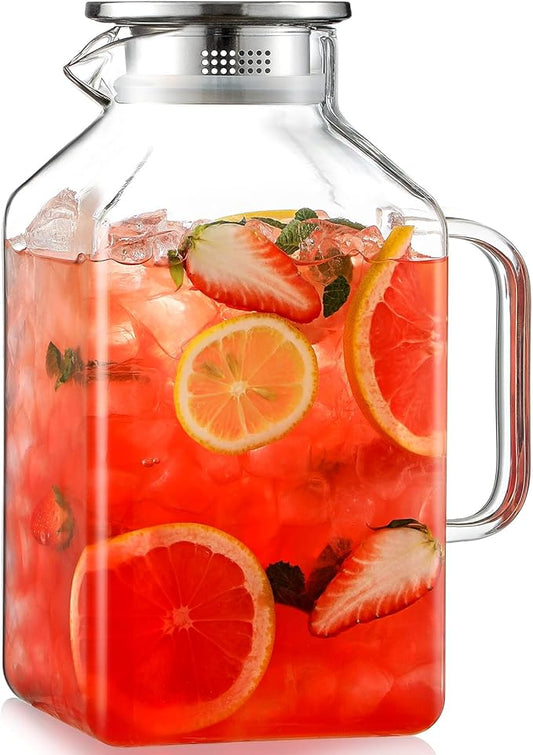 1 Gallon Square Glass Pitcher with Lid and Spout, Borosilicate Glass Carafe for Hot/Cold Drink, Water Pitchers with Handle for Fridge, Extra Large Jug for Iced Tea, Coffee, Juice, Beverage by NETANY