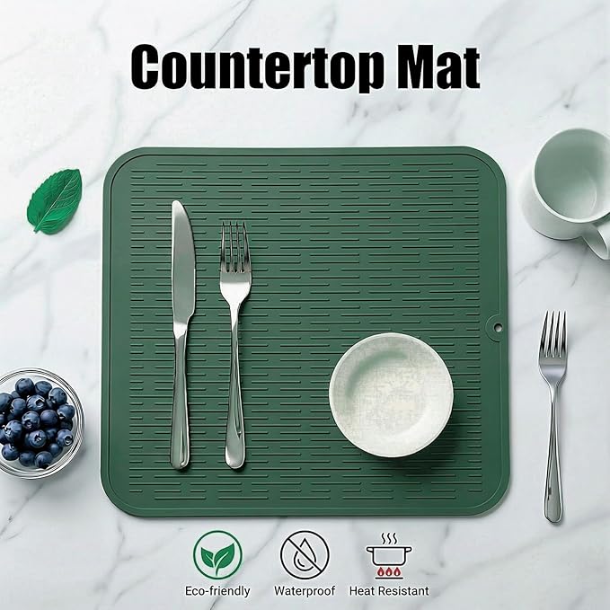 MicoYang Silicone Dish Drying Mat for Multiple Usage,Easy clean,Eco-friendly,Heat-resistant Silicone Mat for Kitchen Counter or Sink,Refrigerator or Drawer Liner Green XL 18 inches x 16 inches - Image 3