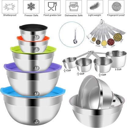 WEPSEN Mixing Bowls with Lid Set, 25PCS Kitchen Utensils Metal Bowl Stainless Steel Nesting Bowls, Measuring Cups and Spoons, Egg Whisk for Baking Prepping Cooking Serving Supplies - Image 6