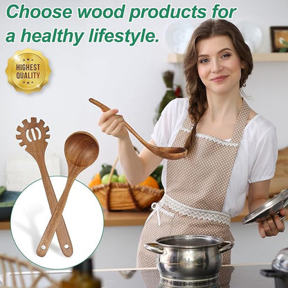 Wooden Ladles for Cooking, 2-Piece Soup Ladle & Pasta Spoon Set, Natural Teak Wood Soup Ladle and Slotted Spaghetti Spoon for Cooking, Serving and Stirring - Image 4