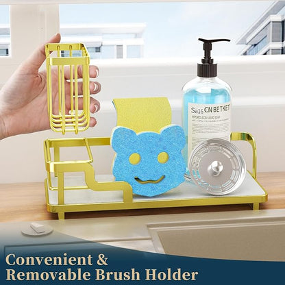 Consumest Sponge Holder for Kitchen Sink - Sink Caddy Organizer with Water Absorbing Stone Tray, Detachable Brush Holder, Stainless Steel Kitchen Counter Organizer Rack, Gold - Image 3
