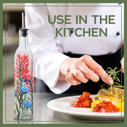 17oz Hand Painted Glass Olive Oil Bottle - 500ml Green Oil & Vinegar Cruet with Pourers - Olive Oil Carafe Decanter for Kitchen (Red and blue flower)