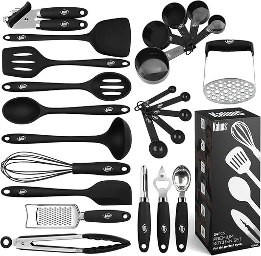 Kaluns Silicone Kitchen Utensils Set 24 Pcs Silicone Cooking Utensils Set - Can Opener, Masher, Turner, Spatula 446°F Heat Resistant Non-Stick - Premium Utensil Set