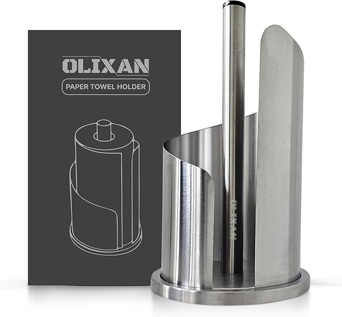 Stainless Steel Paper Towel Holder Countertop, Modern Spiral Cover Design,Weighted Base for Stability, Freestanding Easy One-Handed Operation for Kitchen Bathroom (Brushed Silver)