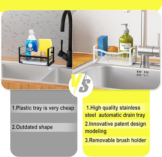 Maifan Stainless Steel Kitchen Sink Caddy Organizer with Auto Drain Tray, Sponge Holder for Countertop Storage (White) - Image 4