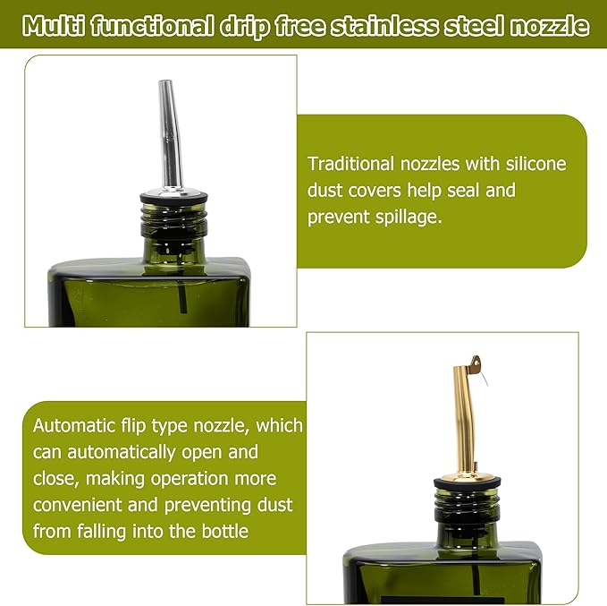 R DRURLCD Dark Green Glass Olive Oil Dispenser Set of 2, 16.9oz/500ml Curved UV-Blocking Oil and Vinegar, Soy Sauce, Coffee Syrup Bottles, 4 Gold Silver Stainless Steel Pourers for Kitchen