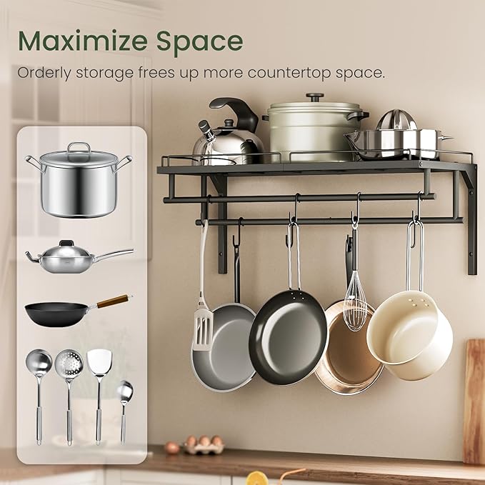 CHOEZON Hanging Pot Rack, Wall-Mounted Pot Rack, Kitchen Cookware Organizer, Metal Pot and pan Organizer Holder, for Cookware, Utensils Organization, Black TPR38BB - Image 5