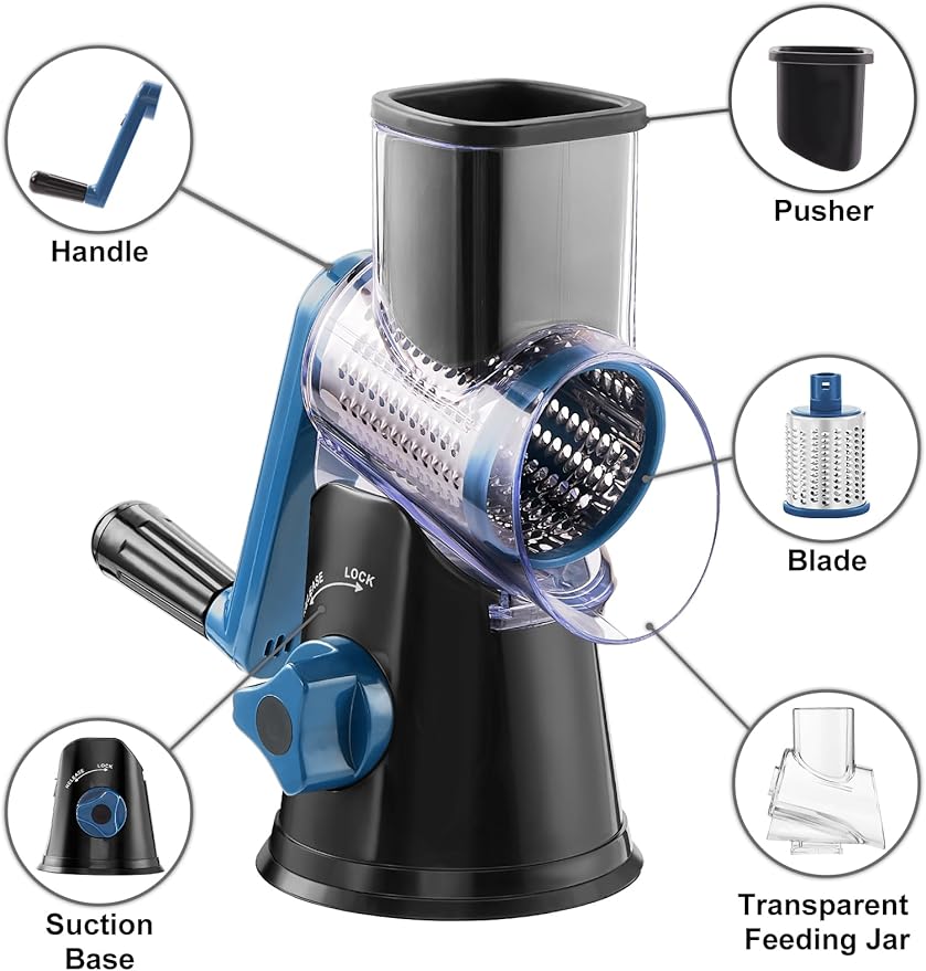Cheese Grater Rotary, Rotary Grater for Kitchen, Kitchen Vegetable Slicer with 3 Drum Blades, Fast Cutting Cheese Shredder for Vegetables and Nuts - Image 7