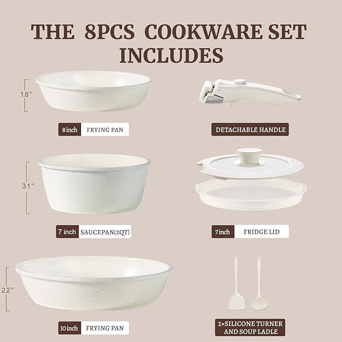 BECIGAR 8pcs Ceramic Pots and Pans Set, Non Stick Cookware Set, Detachable Handle Cookware, Induction Kitchen Cooking Set with Removable Handle,Oven Safe, Induction Fast, Stackable Cookware Set - Image 2