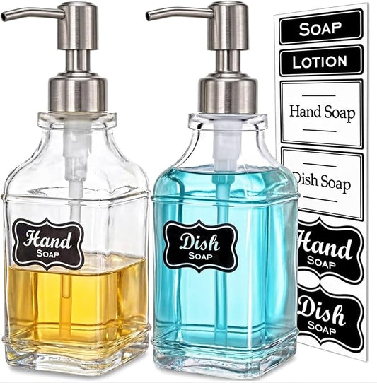 JASAI 2Pack Antique Design Glass Soap Dispenser with Rust Proof 304 Stainless Steel Pump, Refillable Hand Soap Dispenser with 10Pcs Stickers, Premium Soap Dispensers for Kitchen & Bathroom (Clear) by JASAIHOME
