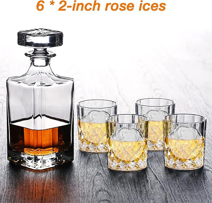 CAMKYDE Rose Ice Cube Tray 2 Inch [1 Mold + 1 Funnel + 6 Stoppers], 6 Cavity Silicone Rose Ice Cube Mold for Whiskey, Chilling Cocktails, Bourbon, Juice (Black)