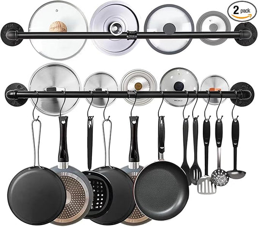 Industrail Pipe Pot Pan Rack, Wall mount Pot hangers Pan Haniging Rail Lid Hnager for kitchen with S Hooks (39"-2 Pack) by Bailoo