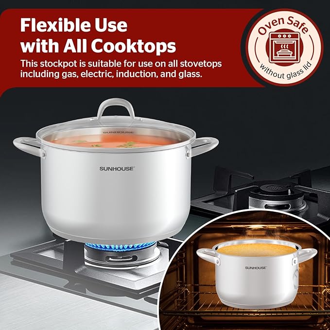 SUNHOUSE Stainless Steel Stock Pot - 16 Quart Heavy-Duty Induction Cooking Pot with Visible Lid for Pasta, Soup, Spaghetti - Nonstick Thick-Bottom Deep Stockpot for Canning, Boiling, and Simmering - Image 6