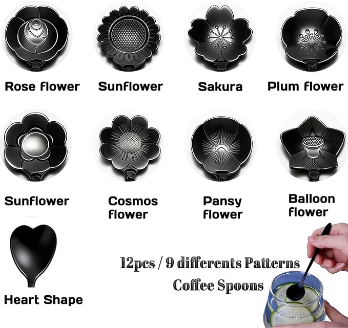 12 Pcs Flower Coffee Tea Spoons Set with Storage Bag, 4 Long & 8 Short Stainless Steel Teaspoons for Sugar Dessert Ice Cream Stirring, Cute Fancy Tableware for Tea Party Kitchen Cafe Bar(Black)