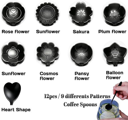 12 Pcs Flower Coffee Tea Spoons Set with Storage Bag, 4 Long & 8 Short Stainless Steel Teaspoons for Sugar Dessert Ice Cream Stirring, Cute Fancy Tableware for Tea Party Kitchen Cafe Bar(Black)