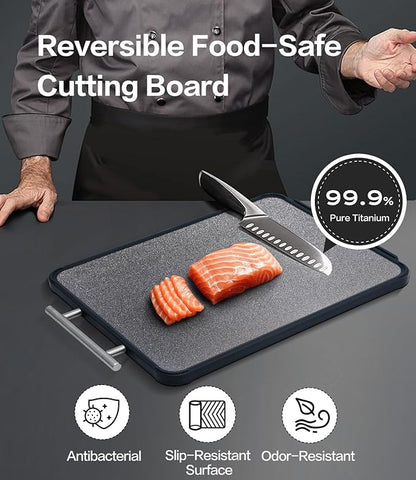 Titanium Cutting Board for Kitchen- Double Sided Cutting Board with Stand, Textured Food-Grade Pure Titanium Side for Chopping Meat, PP Side for Vegetables, Easy to Clean(14.5”×11”, 1 PC)