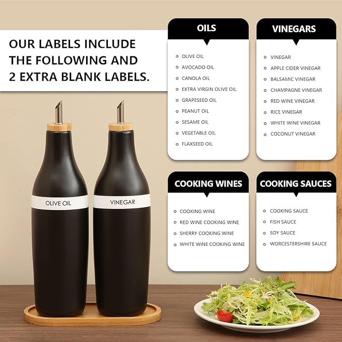 HOMCDALY Olive Oil and Vinegar Dispenser Set, Two 16oz Ceramic Oil Dispenser for Kitchen, Kitchen Dispenser Bottle for EVOO Vinegar Syrups, Modern Farmhouse Design| Set of 2 – Black - Image 6