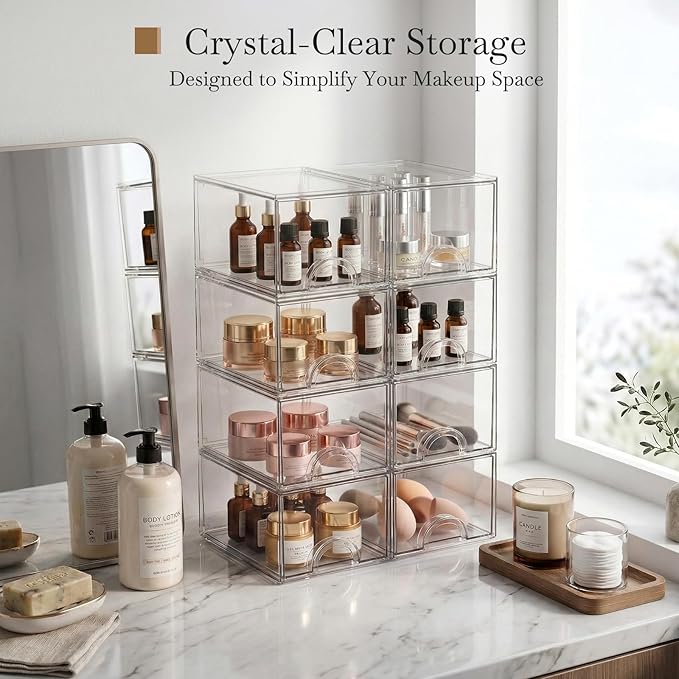 8 Pack Small Clear Stackable Acrylic Storage Boxes Storage Drawers, Storage Organizer, Clear Plastic Makeup Organizer, Ideal for Vanity, Cabinet, Desk Organization - Image 3