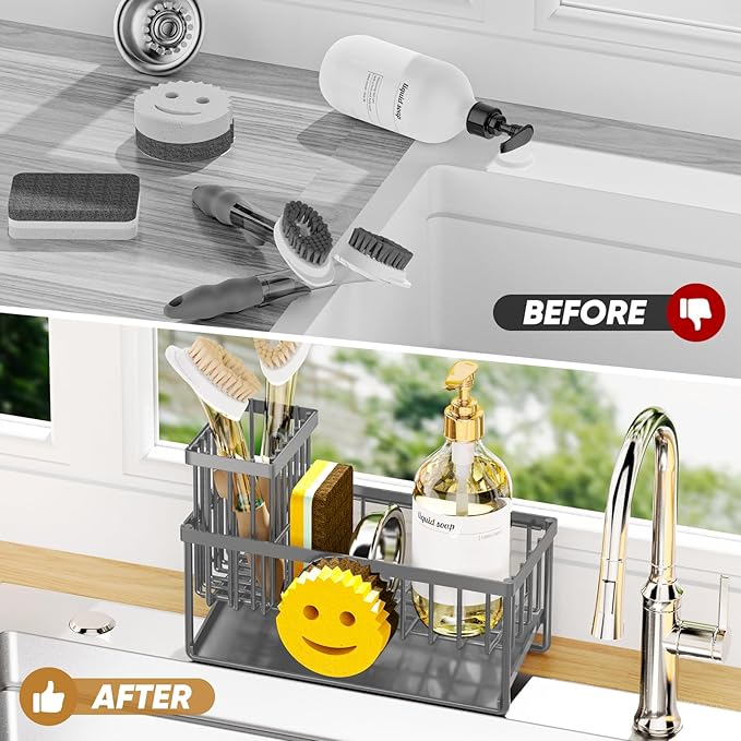Sponge Holder for Kitchen Sink,Smiley Face Sink Caddy with Removable Brush Holder,Self-Draining Sponge Caddy for Soap,Dish Brush,Scrubber,Kitchen Essentials and Gadgets-Charcoal Gray - Image 6