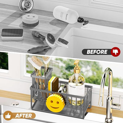 Sponge Holder for Kitchen Sink,Smiley Face Sink Caddy with Removable Brush Holder,Self-Draining Sponge Caddy for Soap,Dish Brush,Scrubber,Kitchen Essentials and Gadgets-Charcoal Gray - Image 6