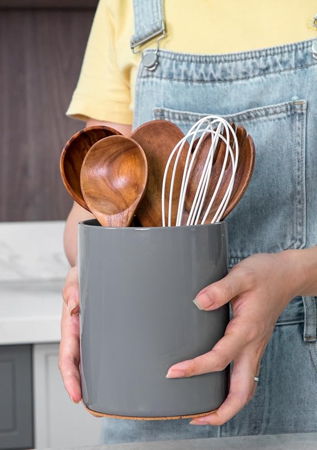 Nucookery Utensil Holder, 6.4" Ceramic Kitchen Utensil Holder for Countertop with Protection Cork Bottom, Vintage Farmhouse Kitchen Decor for Counter (Gray) - Image 3