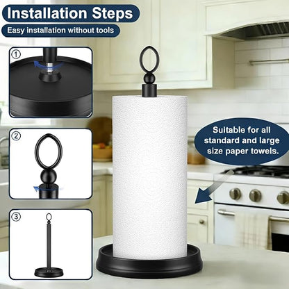 KASUNTO Paper Towel Holder (with Heavy Weighted Base) Steel Paper Holder countertop，Black Paper Towel Holder for Kitchen Countertops, Bars & Dining Tables,Fits Standard & Jumbo Rolls, Matte Black