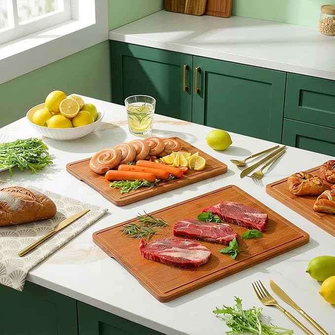 Zarler Bamboo Cutting Boards for Kitchen, 4 Piece Durable Wood Cutting Board with Juice Grooves and Handles, Wooden Chopping Board Set for Meal Prep, 500℉ Carbonized Bamboo, Ideal Kitchen Gift - Image 3