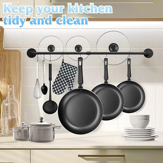 24 inch Pan Rack Wall Mounted Set of 2, Pan Hangers for Kitchen, Industrial Pipe Utensils Hanging Rail Detachable Storage Organizer, Iron Lids Holder with 10 S Hooks - Image 2