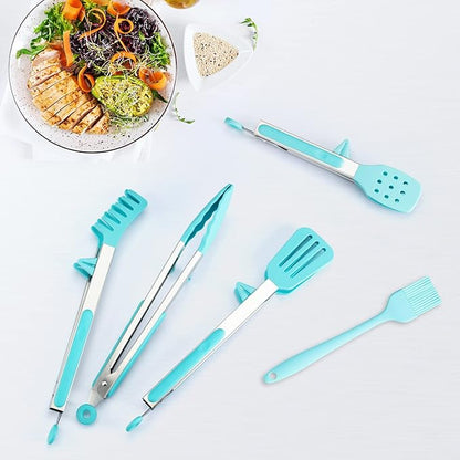 5-Pack Silicone Tongs for Cooking,Maywe Tanso 4PCS 13-Inch Kitchen Tongs with Silicone Tips,Nonstick Stainless Steel Tong for Steak Pie Pizza Pasta Spaghetti Salad BBQ Buffet,Plus Brush - Image 4