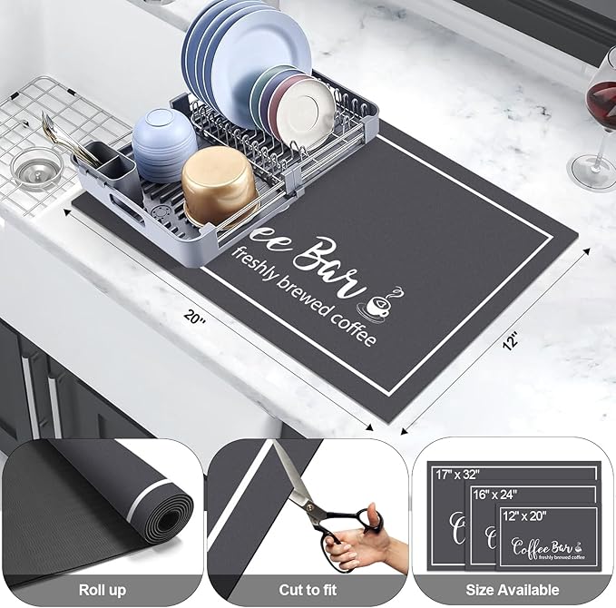 Findosom Dish Drying Mat, 12"x 20" Super Absorbent & Hide Stain Coffee Mat, Cuttable Drying Mat for Kitchen Counter, Coffee Bar Accessories, Under Dish Rack, Coffee Maker, Espresso Machine, DarkGrey - Image 2