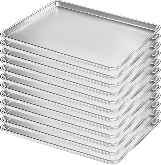 Full Size Commercial Quality Baking Sheet Pan, Bastwe Aluminum Cookie Tray Pan for Oven, Freezer, Bakery, Hotel Restaurant, Thick Steel Rim Prevents Warping (12 Pack, 26 x 18 Inch) by BASTWE