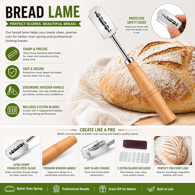BOORIKA Sourdough Bread Baking Tool Set with Danish Dough Whisk, Bread Lame & Blades, Bench Scraper, Dough Scrapers and Silicone Brush – Sourdough Starter Kit - Image 5