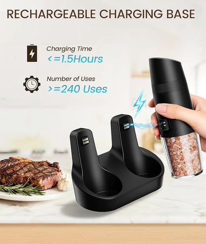 Gravity Electric Salt and Pepper Grinder Set with Charging Base, Automatic Gravity Salt and Pepper Mill with Adjustable Coarseness, LED Light, 135ml Large Capacity, Gifts for Women
