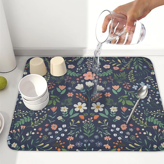 Floral Dish Drying Mat for Kitchen Counter Rustic Flower Leaves Print Microfiber Dish Drainer Mat Farmhouse Floral Absorbent Washable Drying Pad 16"x18"
