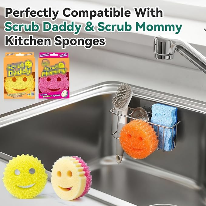 3-IN-1 Multiuse Sponge Holder for Kitchen Sink, Sponge Caddy for Scrub Daddy/Scrub Mommy Smiley Face, Sink Organizer Accessories for Dish Brush, Scrubber - with 2 Suction Cups & 1 Adhesive Hook - Image 6
