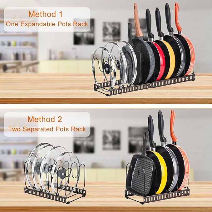 Toplife Pots and Pans Organizer Rack for Cabinet and Countertop, 10+ Pot Lids, Bakeware and Cookware Organizer Rack Holder with 10 Adjustable Compartments - Brown - Image 4
