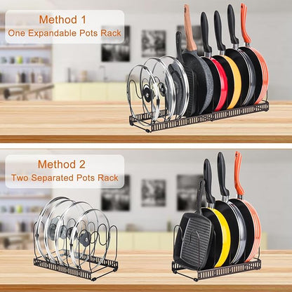 Toplife Pots and Pans Organizer Rack for Cabinet and Countertop, 10+ Pot Lids, Bakeware and Cookware Organizer Rack Holder with 10 Adjustable Compartments - Brown - Image 4