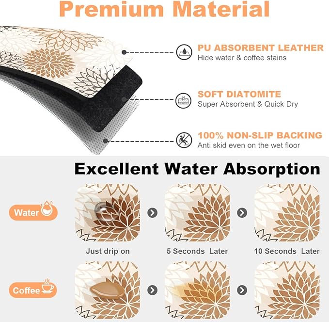 Findosom 2PCS 12" x 20" Dish Drying Mat & 24" x 5.5" Sink Splash Guard, Super Absorbent & Cuttable Dish Mat Drying Kitchen Mat with Brown Floral, Hide Stain Drying Mat for Kitchen Counter - Image 3