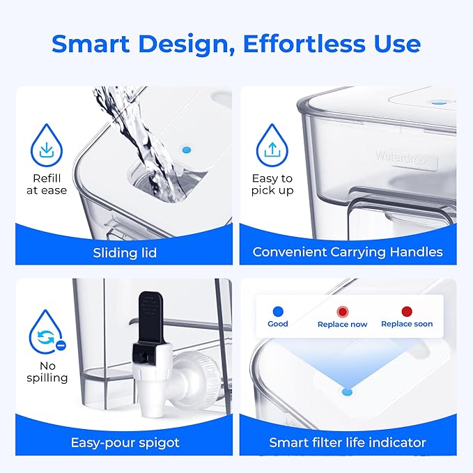 Waterdrop WFD-22W-DF-A Water Filter Dispenser, Alkaline 40-Cup Water Purifier, 2 Built-in Filters, 8X Faster Filtration, 200-Gallon Lifespan, Mineralized Alkaline Water, Reduces Chlorine, White - Image 8