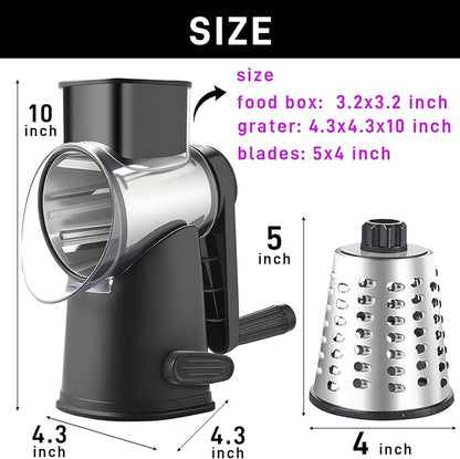 Weltonhm Rotary Cheese Grater with 3 Blades, Large Hand Crank Cheese Grater with Waffle Slicer, Black and White Cheese Slicer with Suction Base, Easier for Shredding& Grating (black, 3 Graters)