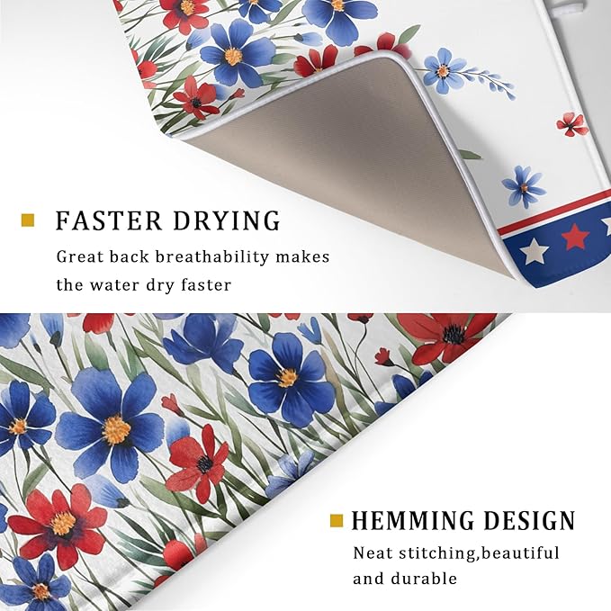 4th of July Dish Drying Mats for Kitchen Counter Patriotic Star Microfiber Absorbent Dish Drainer Rack Mat Summer Floral Independence Day Protector Sinks Dishes Pad for Countertop Table Decor 16”x18”