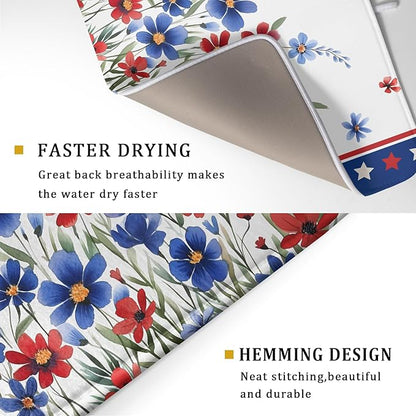4th of July Dish Drying Mats for Kitchen Counter Patriotic Star Microfiber Absorbent Dish Drainer Rack Mat Summer Floral Independence Day Protector Sinks Dishes Pad for Countertop Table Decor 16”x18”