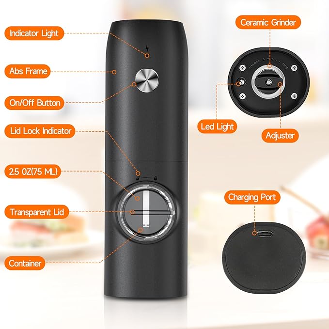 Electric Salt and Pepper Grinder Set (2 Pack), USB Rechargeable One Hand Operation, Adjustable Coarseness Mill Grinders Shakers LED Light, Automatic Pepper Grinder for Kitchen Gadgets Gifts - Image 7
