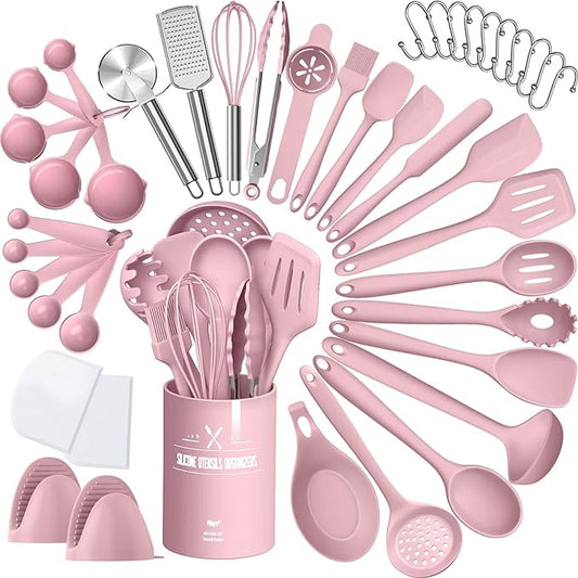 Silicone Cooking Kitchen Utensil Set, AIKKIL 43 Pcs Pink Cooking Utensils Set, Turner, Tongs, Spoon, Spatula, Kitchen Gadgets Tools Set For Nonstick Cookware, Heat Resistant (Dishwasher, BPA Free) by AIKKIL